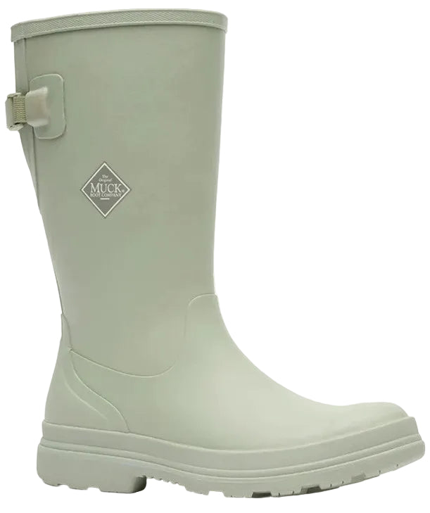 A light sage green, mid-calf rubber rain boot featuring a small side strap adjustment and a diamond-shaped logo patch on the shaft.