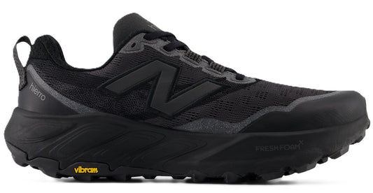 A black trail running shoe featuring a dark gray logo on its side, a thick sole, and the word "hierra" on the side.