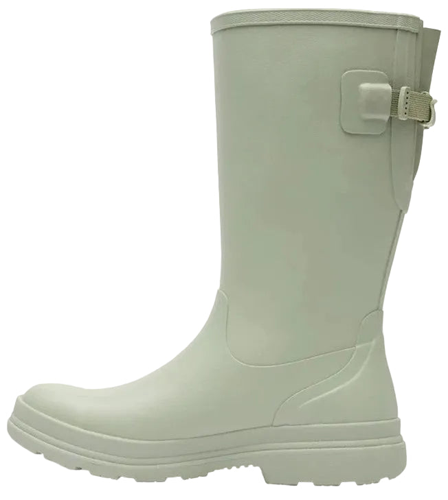 A pale sage green mid-calf rain boot with a side buckle strap detail, textured rubber sole, and a sleek matte finish.