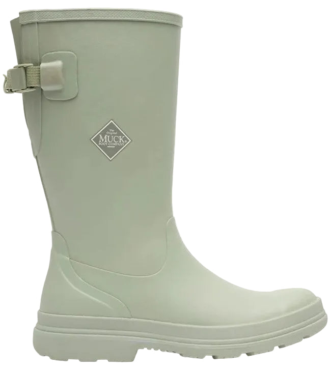 A light sage green mid-calf rain boot with a side buckle strap and a white diamond-shaped The Original Muck Boot Company logo on the side.