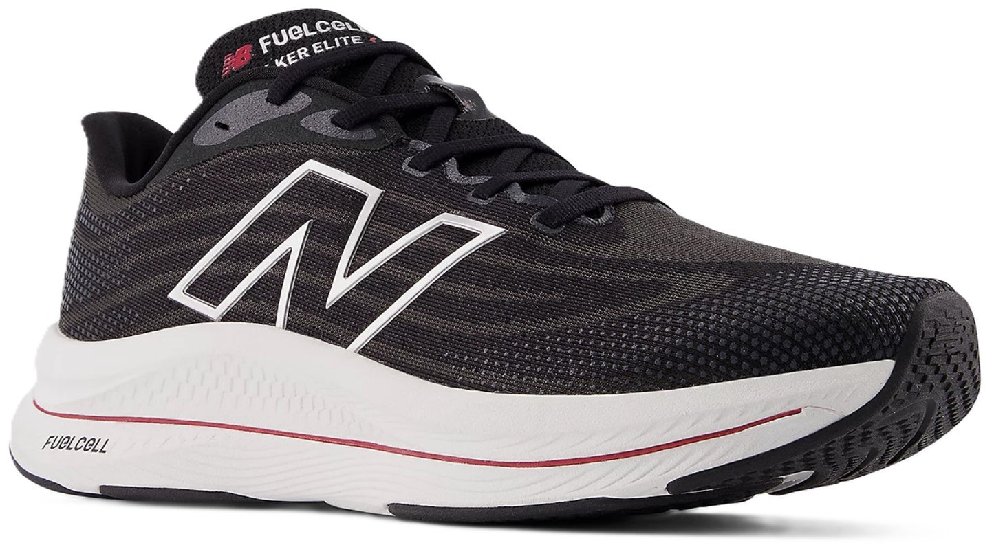 A running shoe featuring a black upper, white midsole with a red line, black outsole, and a white letter N on the side.