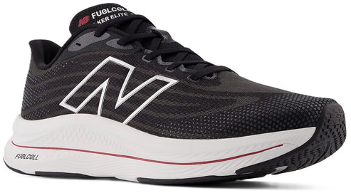 A running shoe featuring a black upper, white midsole with a red line, black outsole, and a white letter N on the side.