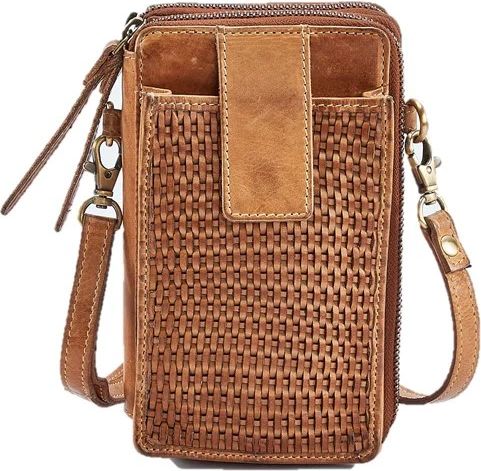 Close-up of a small tan leather crossbody bag with a basket-weave design on a front pocket and a flap closure.