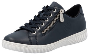 A navy blue leather sneaker with laces and a side zipper, atop a white sole.