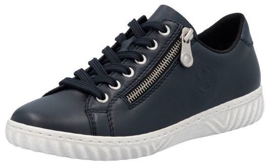 A navy blue leather sneaker with laces and a side zipper, atop a white sole.