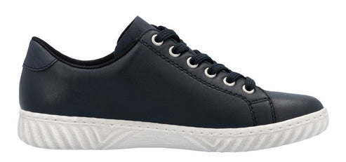 A navy blue leather sneaker with white soles and black laces.