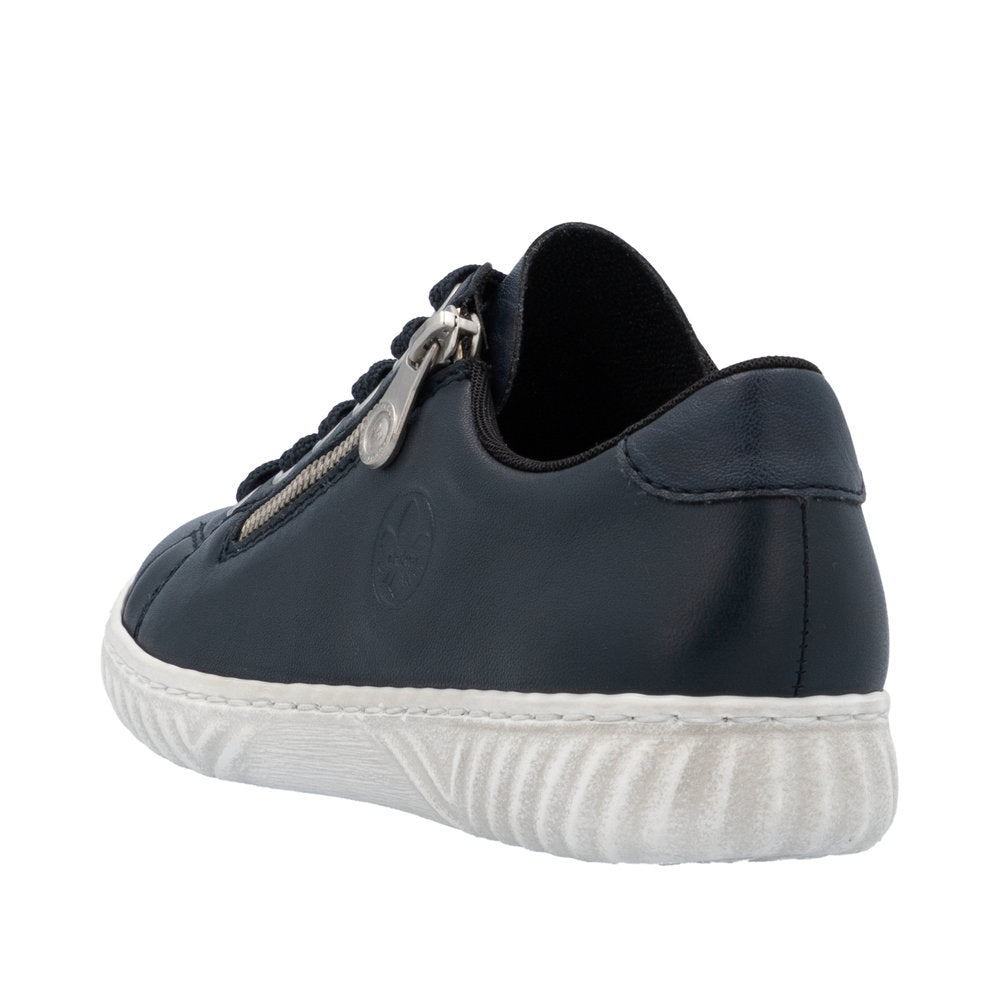 Navy leather sneaker with a side zipper and a white rubber sole.