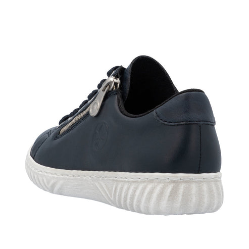 Navy leather sneaker with a side zipper and a white rubber sole.