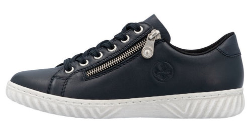 Navy blue sneaker with silver zipper and white sole.