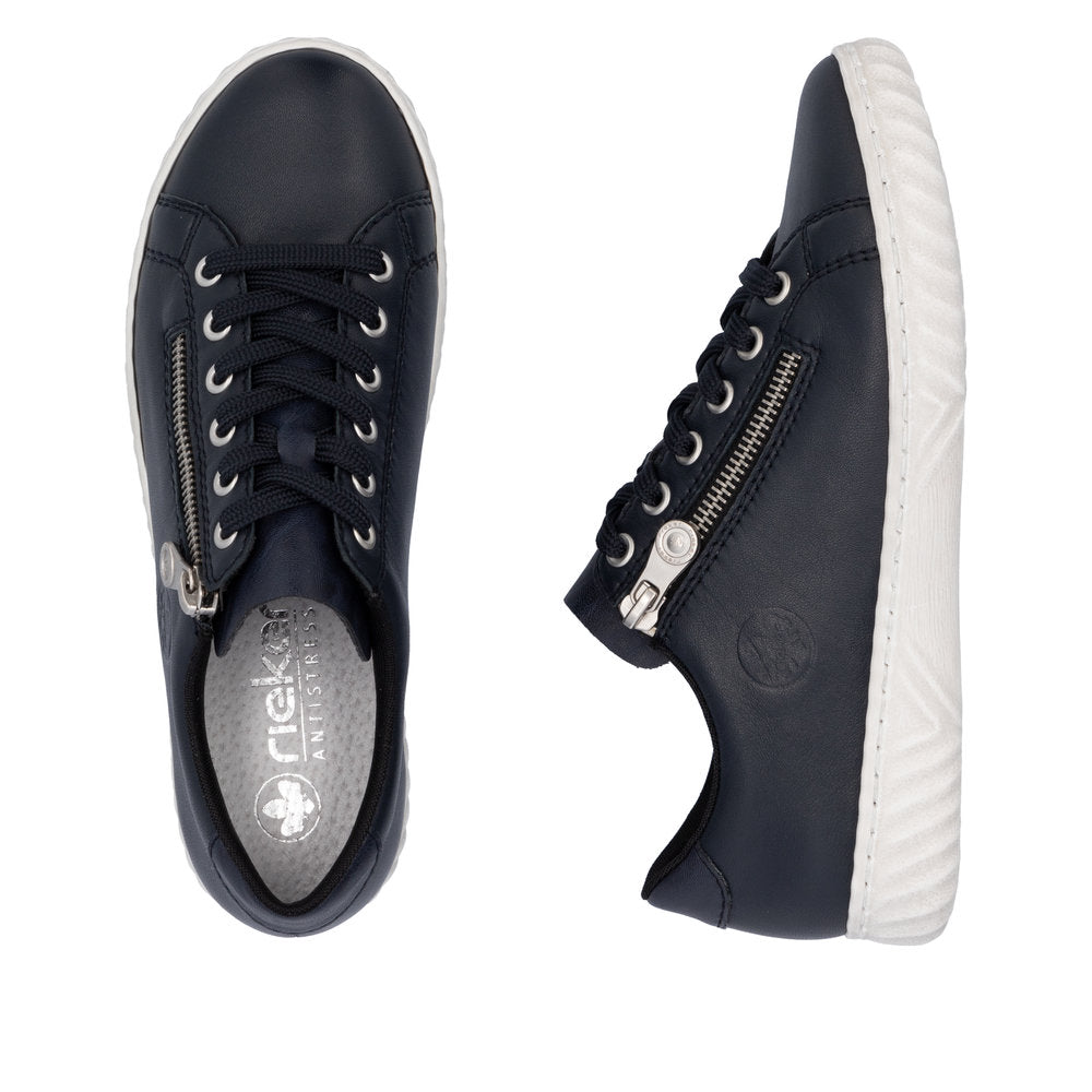 Two navy blue sneakers with white soles, lace-up closure and zipper on the side, anti-stress insole