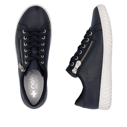 Two navy blue sneakers with white soles, lace-up closure and zipper on the side, anti-stress insole