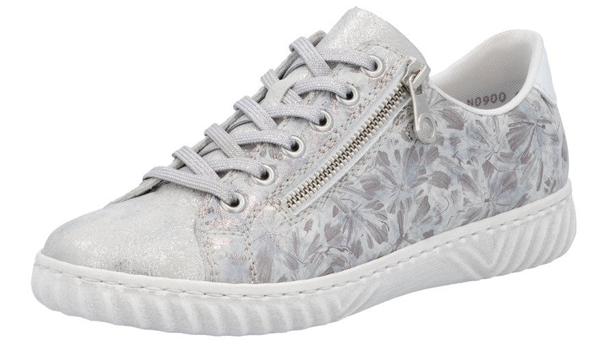 Silver sneaker with floral pattern and side zipper.