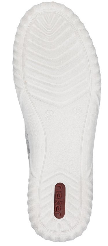 A white shoe outsole with treads and a brown logo.