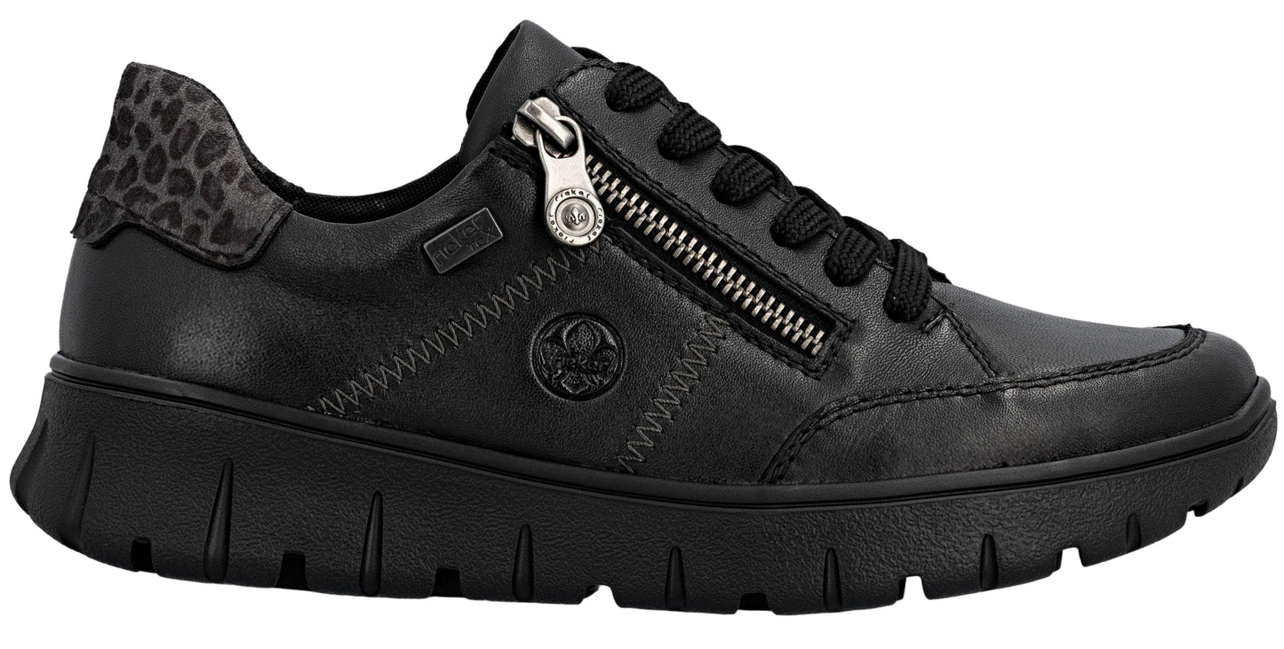 Black shoe with zipper and black laces, and animal print heel.