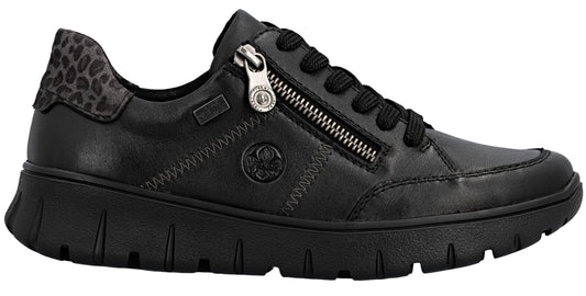 Black shoe with zipper and black laces, and animal print heel.