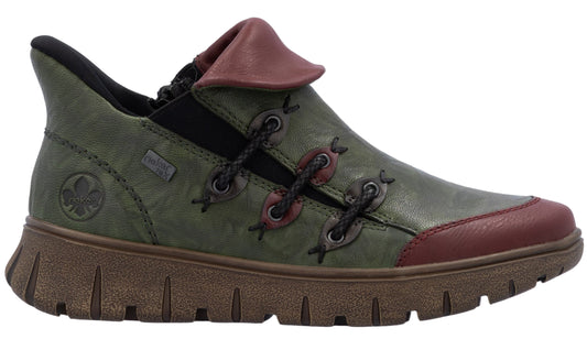 Olive green casual shoe with burgundy accents, decorative laces, and a thick, ridged sole.