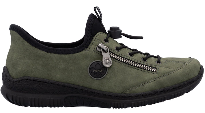 Olive-green sneaker with a faux-zipper accent, black laces, black sole, and a round logo charm.
