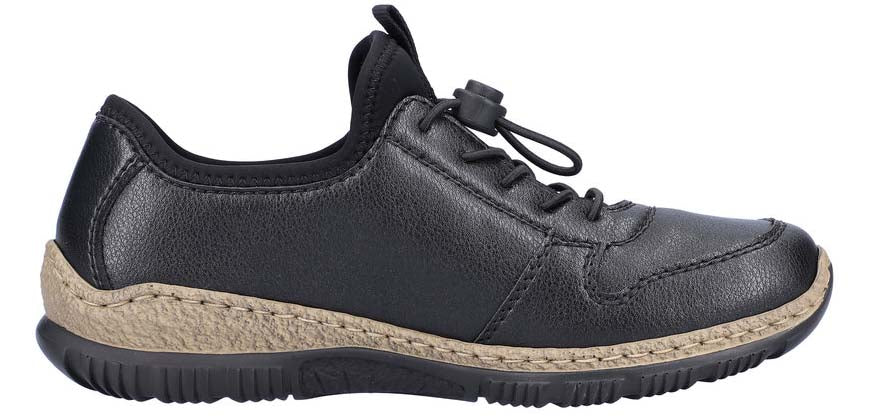A black sneaker with elastic laces and a beige midsole.