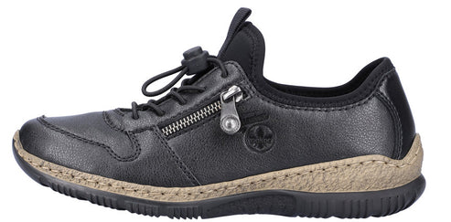 Black leather sneaker with a side zipper and toggle laces.