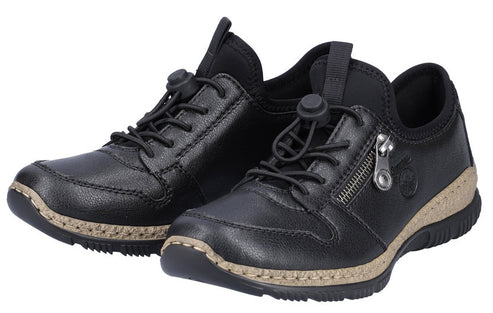 A pair of low-rise black leather sneakers with elastic laces and side zipper.