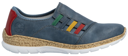 Slip-on blue shoe with three colored stripes, red heel, and white sole.