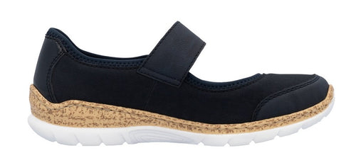 A black Mary Jane style shoe with a white sole and a cork-like texture on the side.