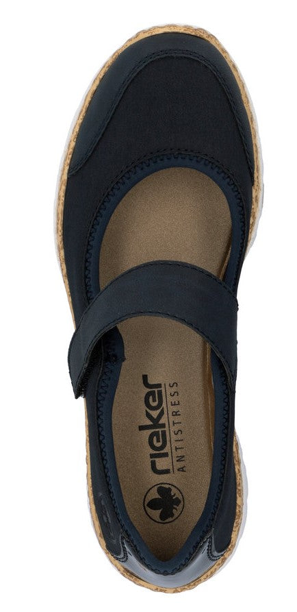 Navy Mary Jane-style shoe with cork midsole and elastic strap.