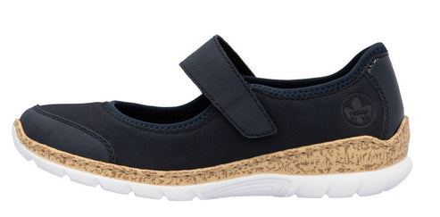 A navy Mary Jane style shoe with a strap.