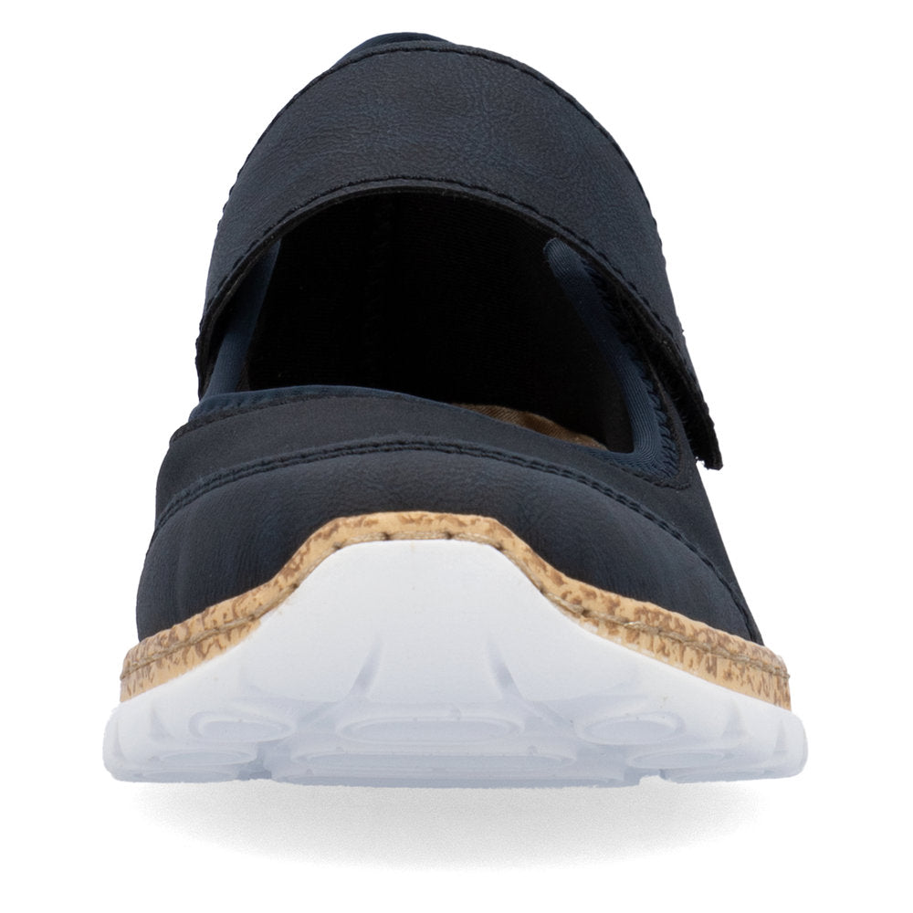 Front view of a navy-blue Mary Jane style shoe with a white sole and adjustable strap.