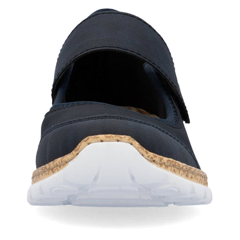 Front view of a navy-blue Mary Jane style shoe with a white sole and adjustable strap.