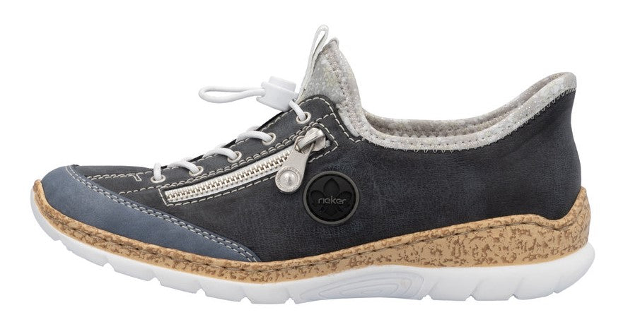 Navy blue athletic shoe with white laces, zipper accent, and a white and beige sole.
