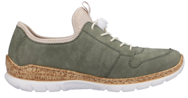 Olive sneaker with white laces and sole, and cork midsole.