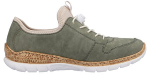 Olive sneaker with white laces and sole, and cork midsole.