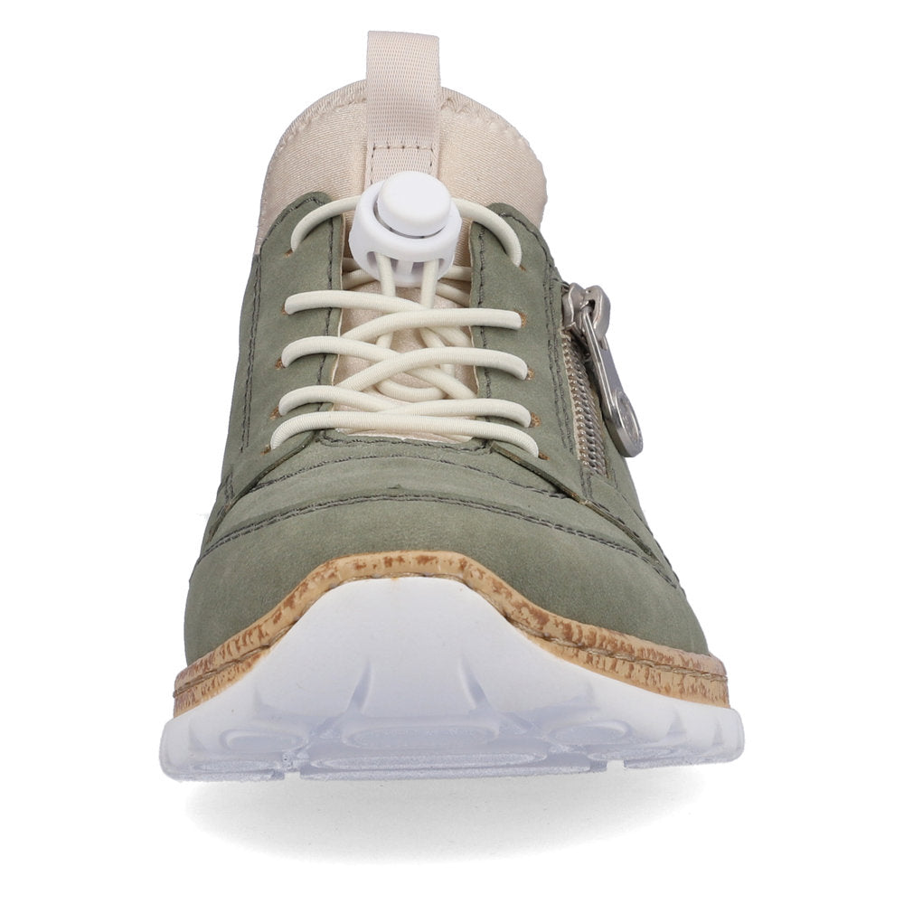 Front view of a green sneaker with a white sole and tan laces.