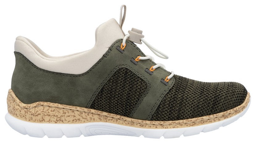 Green athletic shoe with mesh toe box, faux laces, light colored heel and a white sole.