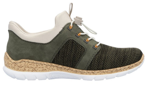 Green athletic shoe with mesh toe box, faux laces, light colored heel and a white sole.