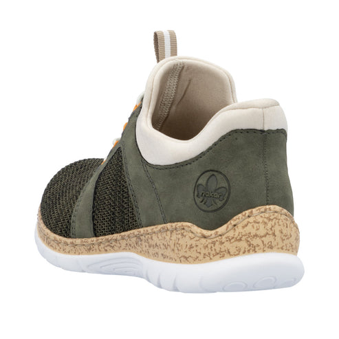 Khaki sneaker with mesh and leather upper, beige collar and insole, cork midsole, and white outsole.