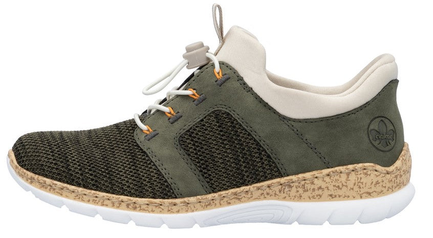 Olive-green sneaker with a white sole and elastic laces.