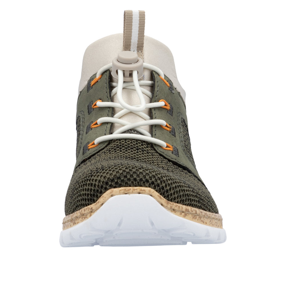 A low top green shoe with a white sole and laces, featuring tan accents.