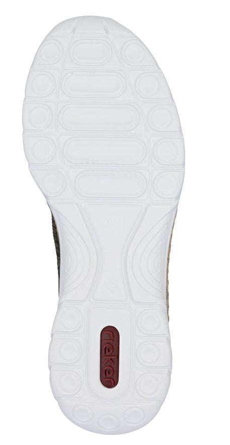 White shoe outsole with a red logo near the heel.