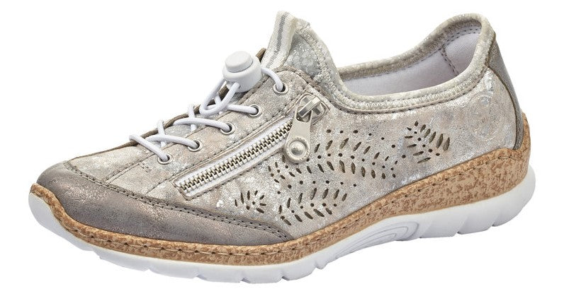 Silver lace-up sneaker with side zipper, cork midsole, and perforated design.