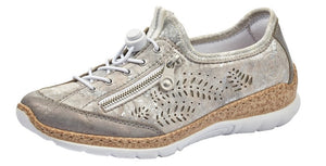 Silver lace-up sneaker with side zipper, cork midsole, and perforated design.