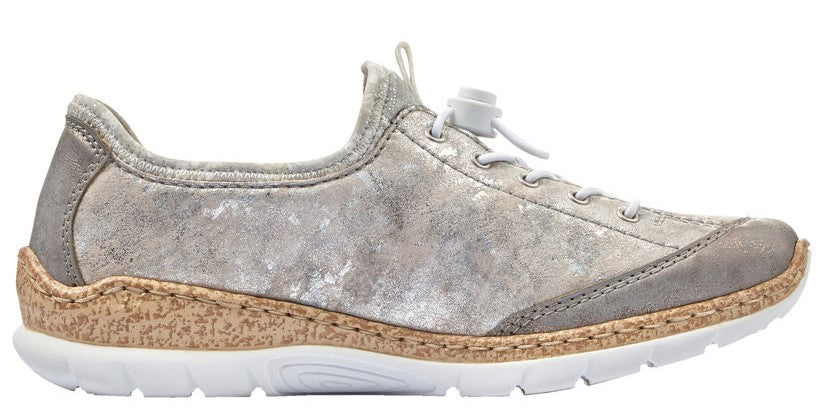 Silver athletic shoe with white sole and cork trim.