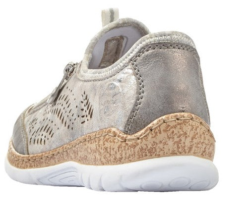 Low heel metallic silver shoe with laser cutouts and white sole.