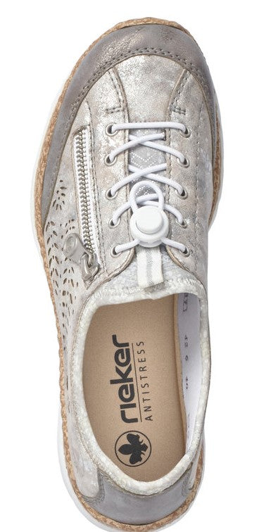 Silver shoe with side zipper.