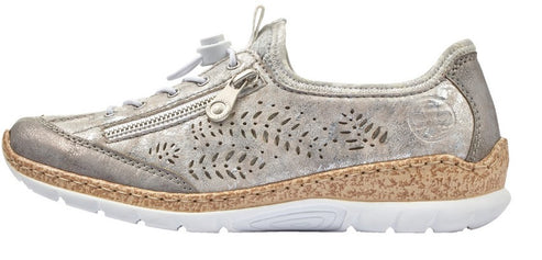 A silver sneaker with a zipper and cut-out leaf pattern along the side.