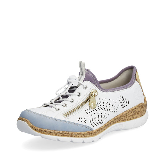White sneaker with lavender lining, floral cutouts and a gold zipper.