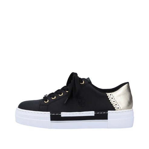 A black, lace-up sneaker with gold accents, and a white sole.