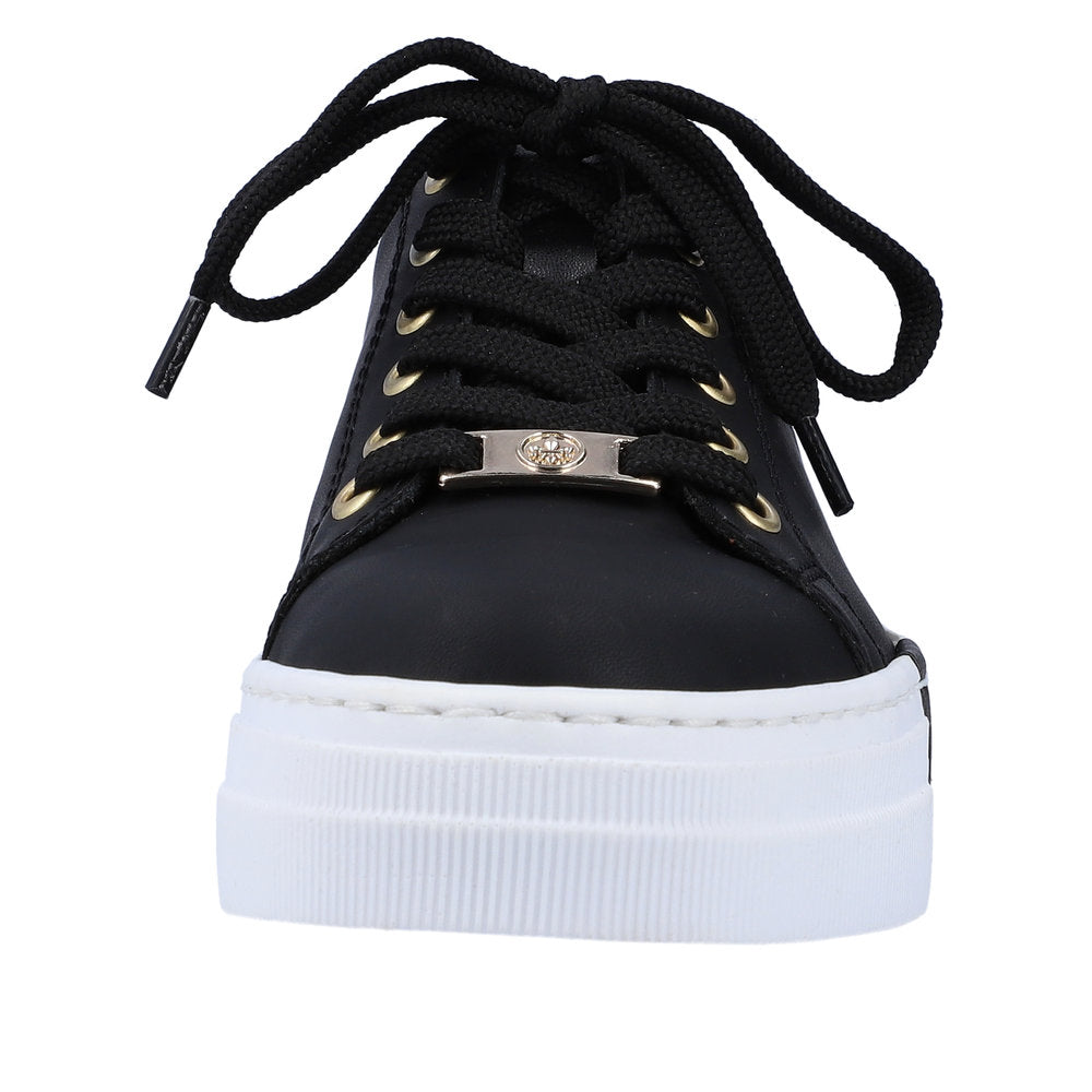 Black sneaker with white platform sole and black laces.