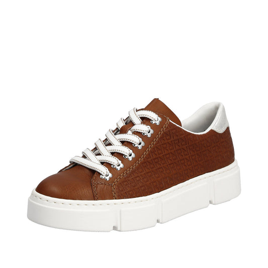 Brown sneaker with white laces and sole and silver accent on the heel.